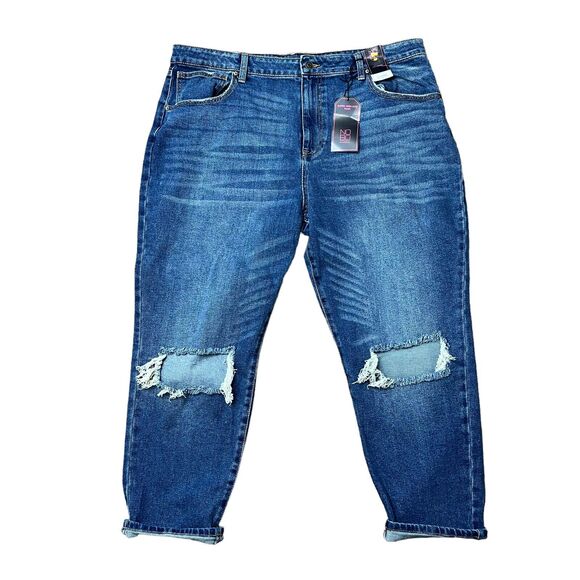 No Boundaries Jr Size 21 Jeans Super High Rise Mom Destructed Relaxed Dark Wash - Picture 2 of 13